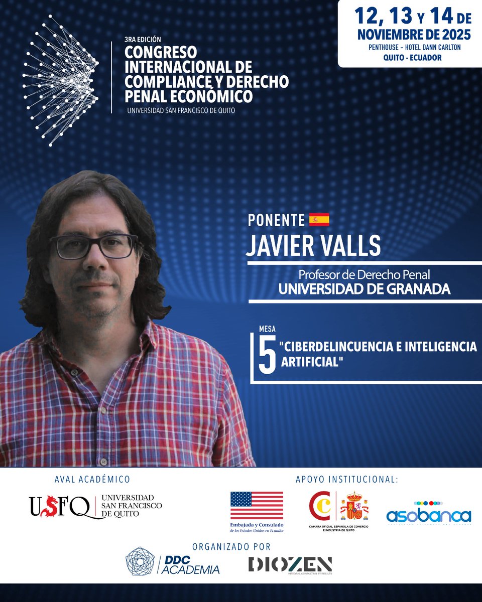 🔵 #CODPE2025   
¡Panelista confirmado! Javier Valls, Profesor de Derecho Penal de la Universidad de Granada <a href="/CanalUGR/">Universidad Granada</a> 

Mesa 5  "Ciberdelincuencia e inteligencia artificial". 

🎓Certificado avalado por la <a href="/USFQ_Ecuador/">Universidad San Francisco de Quito</a> -
<a href="/USFQ_Derecho/">Jurisprudencia USFQ</a> 

🔗Mas info: ddcacademia.com/CODPE2025?code…