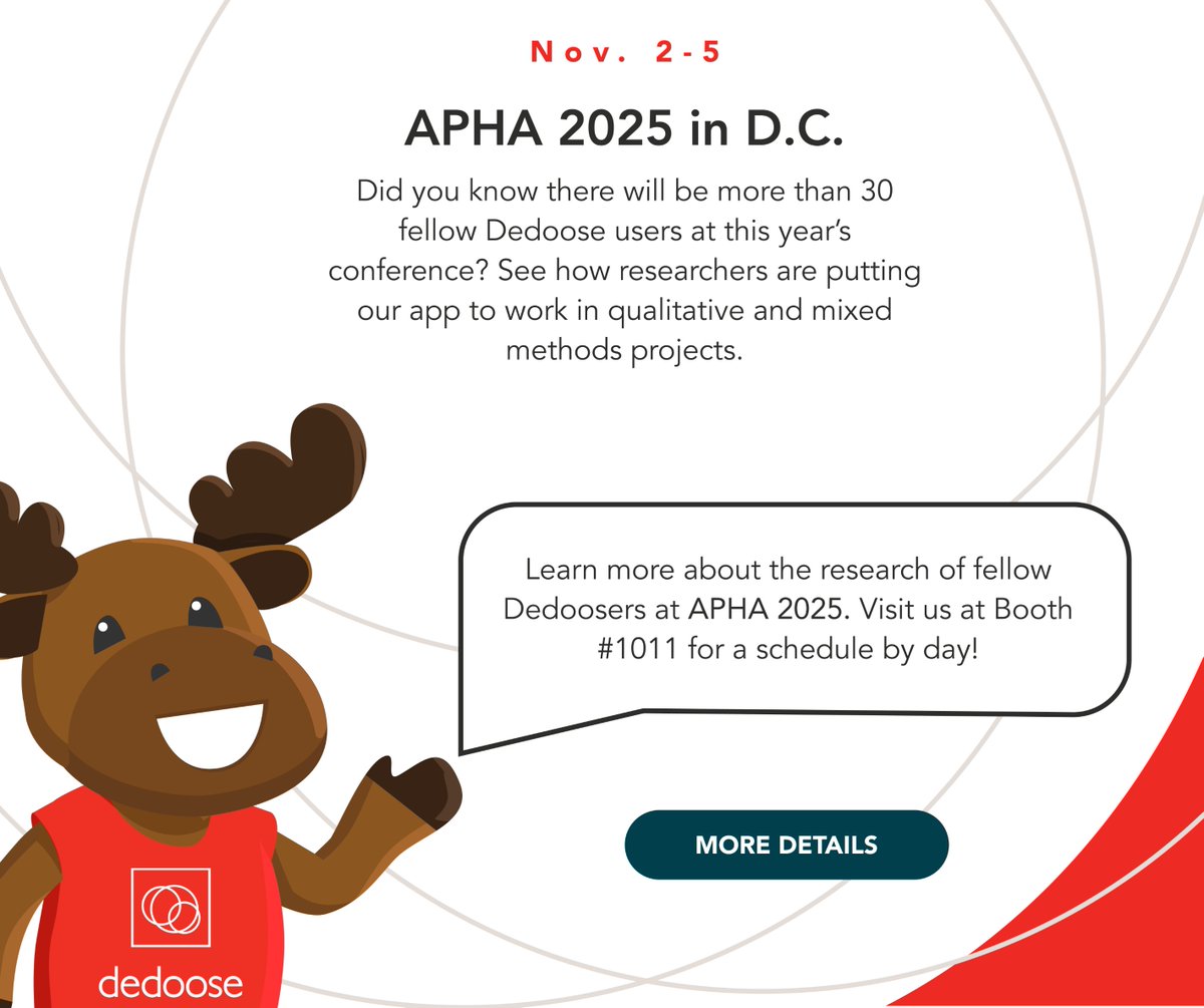 Dedoose's tweet image. Heading to #APHA2025 in DC? 

30+ researchers who use Dedoose will be presenting their work this year! 

Browse mixed methods studies and data-driven evaluations to see how Dedoose helps power impactful public health research: dedoose.info/apha25dedoosers

#PublicHealth #ResearchTools