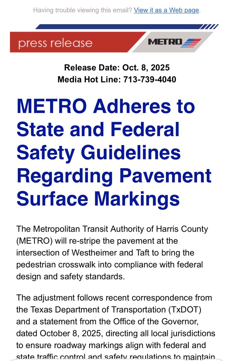 And in a Wednesday evening update.. METRO says it will restripe the pavement at Taft and Westheimer to come in compliance with federal design standards #houstonpublicmedia