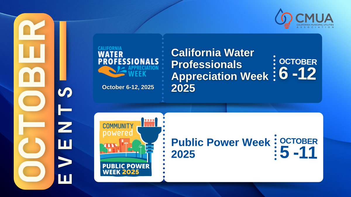 CMUA_Tweets's tweet image. It’s both Public Power Week and California Water Professionals Appreciation Week! We’re proud to celebrate the people and utilities that are striving to build a better California through community-owned water, wastewater, and power.

#PublicPowerWeek #CAWaterWeek