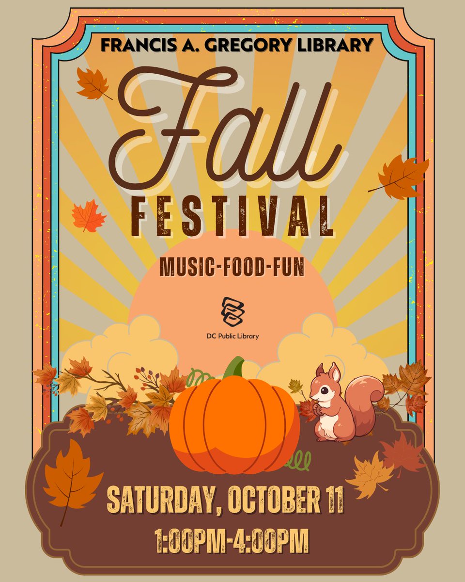 dcpl's tweet image. 🍂 Fall Festival at Francis A. Gregory Library!

Celebrate the season with crafts, games, live music, local vendors, and tasty autumn treats. Fun for all ages! 🎃

📅 Sat, Oct 11 | 1–4 PM