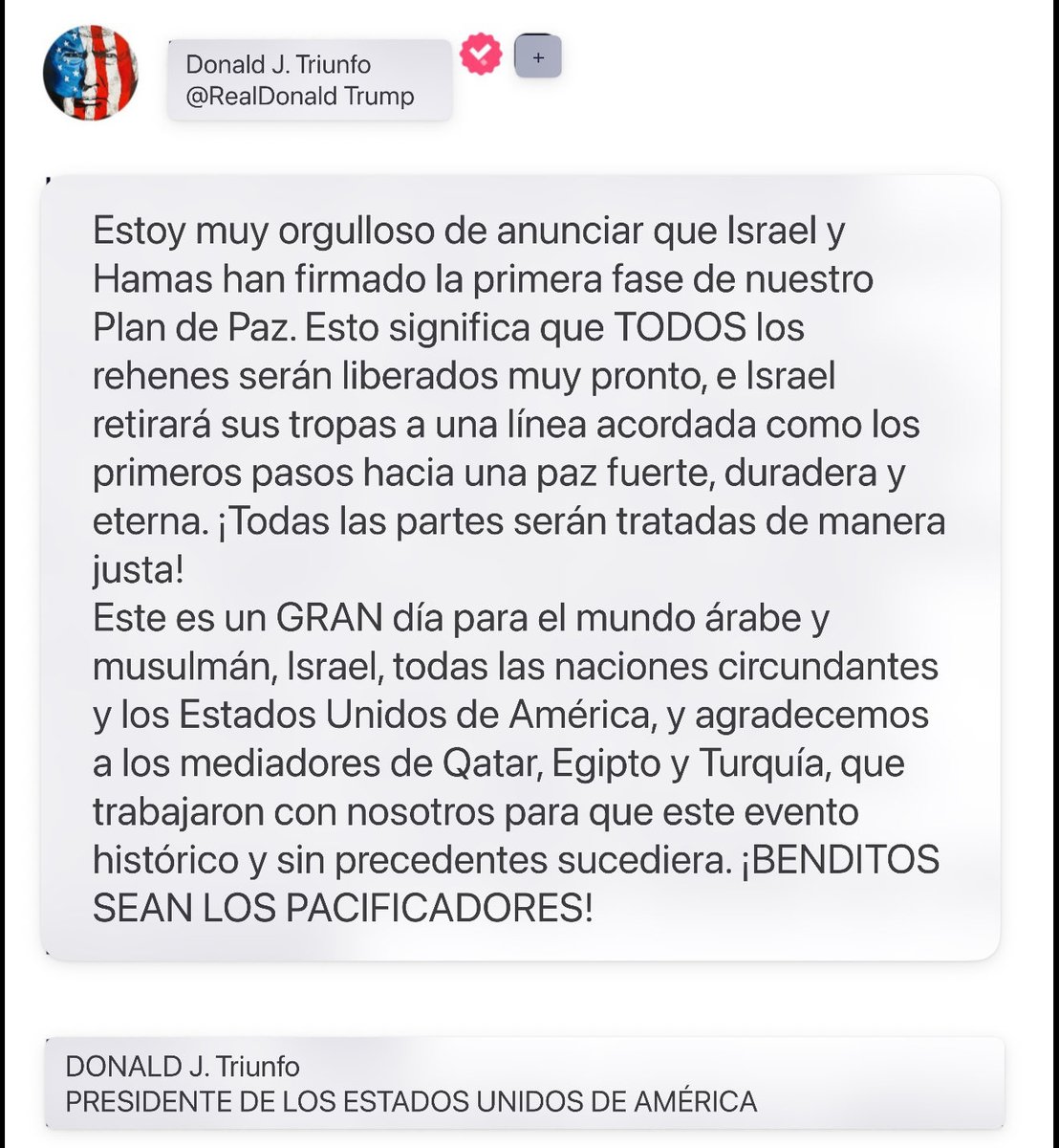 ÚLTIMA HORA 

"PRESIDENTE TRUMP ACABA DE NEGOCIAR EL ACUERDO DE PAZ MÁS IMPOSIBLE QUE EL MUNDO JAMÁS HAYA VISTO."