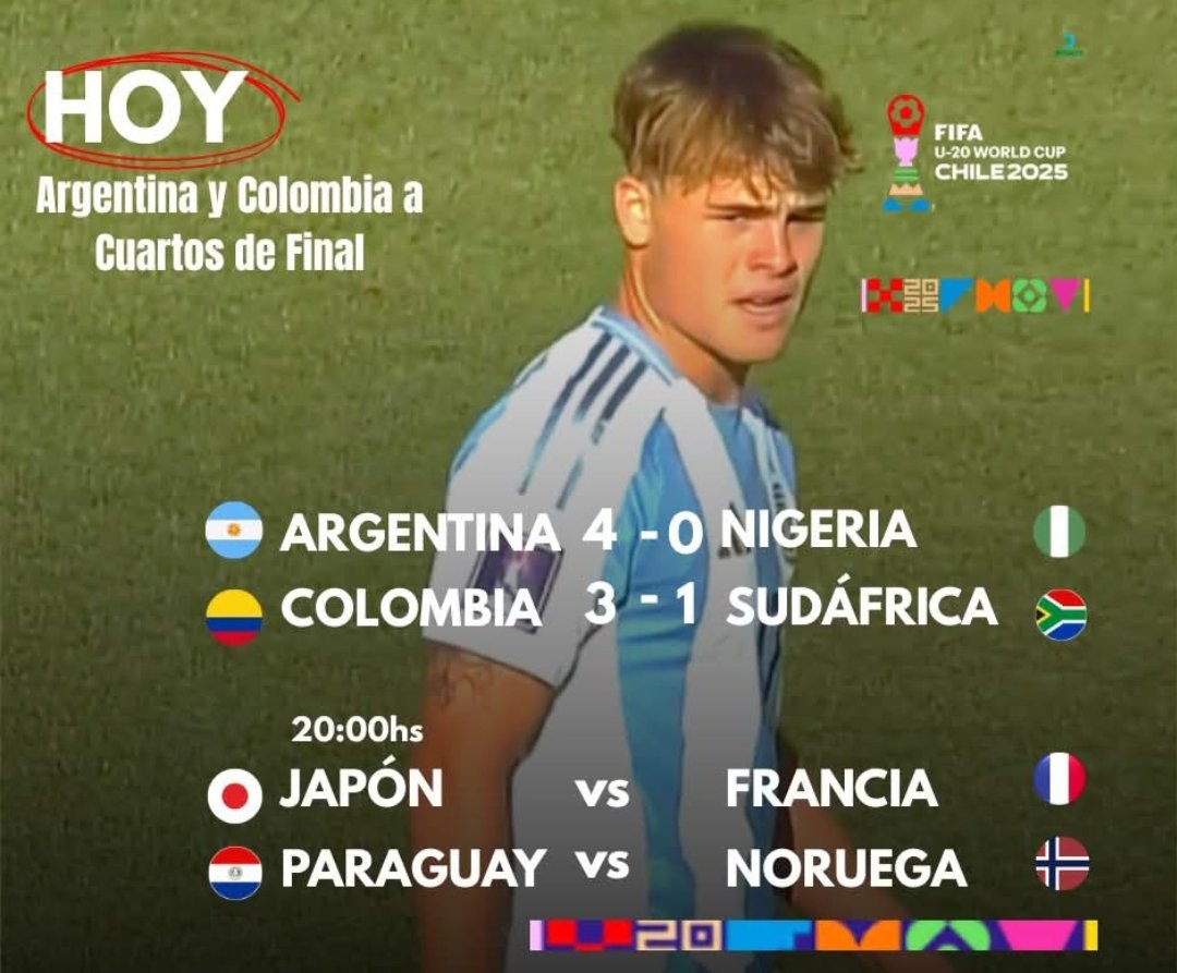 ⚽ 𝗠𝗨𝗡𝗗𝗜𝗔𝗟 𝗗𝗘 𝗖𝗛𝗜𝗟𝗘
Las selecciones Conmebol se hacen fuertes en la etapa final del torneo, Argentina y Colombia pasaron goleando a 4°.
Argentina "vapuleó" a Nigeria 4-0 y Colombia 3-1 a Sudáfrica, más tarde es el turno de Paraguay que tiene a Noruega como rival.
