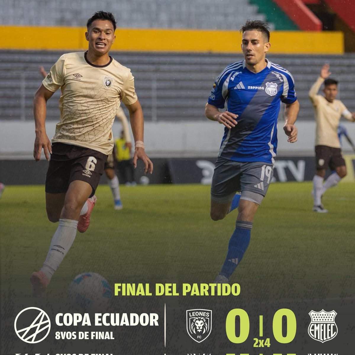 ¡CLASIFICAMOS!💙🥳🙌
-
<a href="/CSEmelec/">Club Sport Emelec</a> venció 4-2 a #LeonesFC en tanda de penales, tras un empate sin goles en los 90 minutos, y avanzó a los cuartos de final de la #CopaEcuador. 
-
Su próximo rival será #GuayaquilCity.

#TribunaEléctrica #Emelec