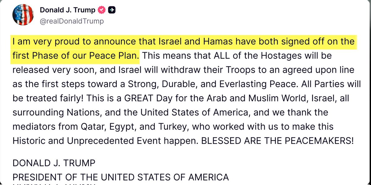 dibert_aaron's tweet image. 🚨 BREAKING: Historic day! Trump’s peace plan brings Israel & Hamas to the table. 48 hostages to be freed, troops withdrawing. A step toward lasting peace! BLESSED ARE THE PEACEMAKERS!
