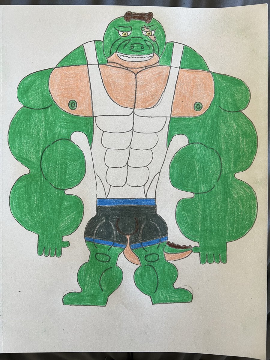 Here’s a brand new drawing I made of a new hunky Crocodile OC his name is Rusty Wallace, he is a strong bodybuilder, loves living near a beach, rides a motorcycle, and is nicknamed “The King of the Beach”