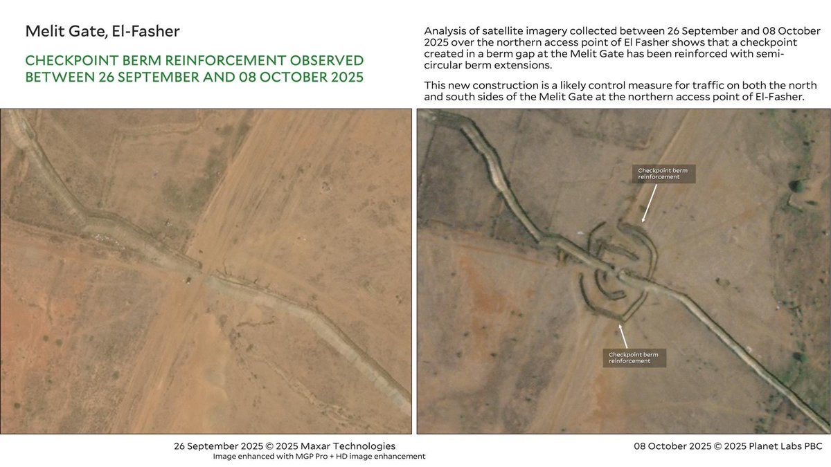 🚨NEW REPORT🚨 RSF’s systematic arson attacks in Daraja Oula between 4-8 Oct mark the next phase of mass atrocities in El Fasher.

RSF completed the berm around the city while targeting a community kitchen &amp; market
🛰️@Planet <a href="/vantortech/">Vantor</a>
#KeepEyesOnSudan

medicine.yale.edu/lab/khoshnood/…