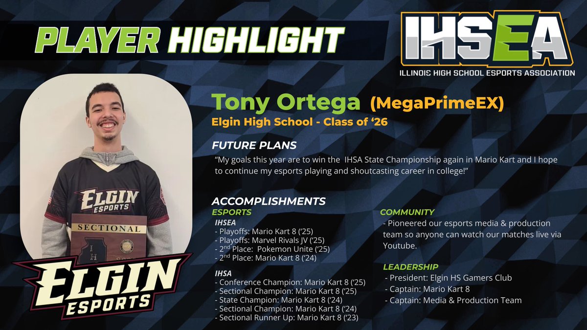 It’s time for the Player of the Week! Each week the IHSEA is highlighting players, nominated by their coaches, who show the determination and values we love to see in our league. This week we are proud to recognize Tony Ortega of <a href="/ESPORTS_EHS/">Elgin High School Esports</a> !!
Congrats Tony