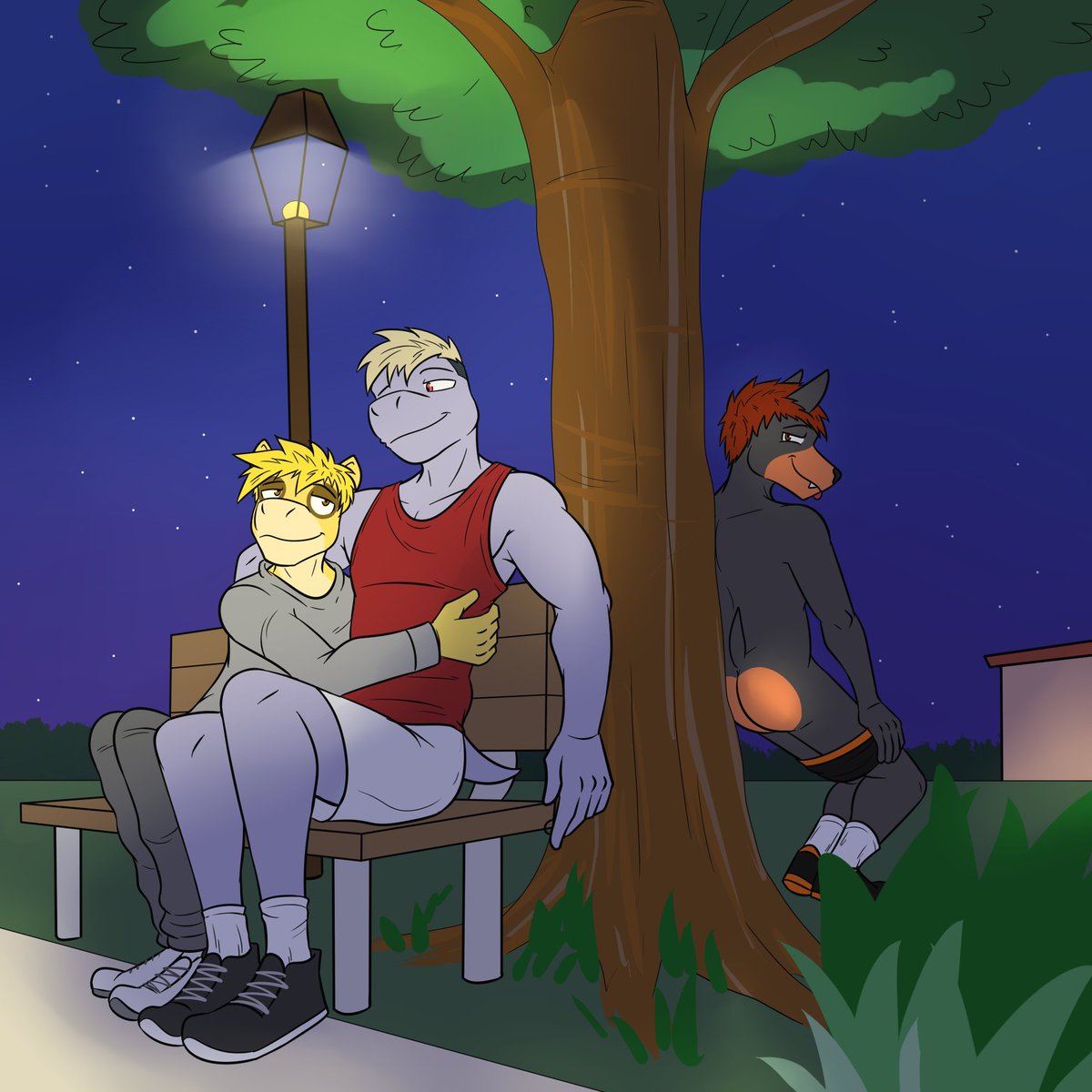 Houndour guy is kinky, wanting to do some risky naked public runs in the park. Right behind some unsuspecting guys at that.