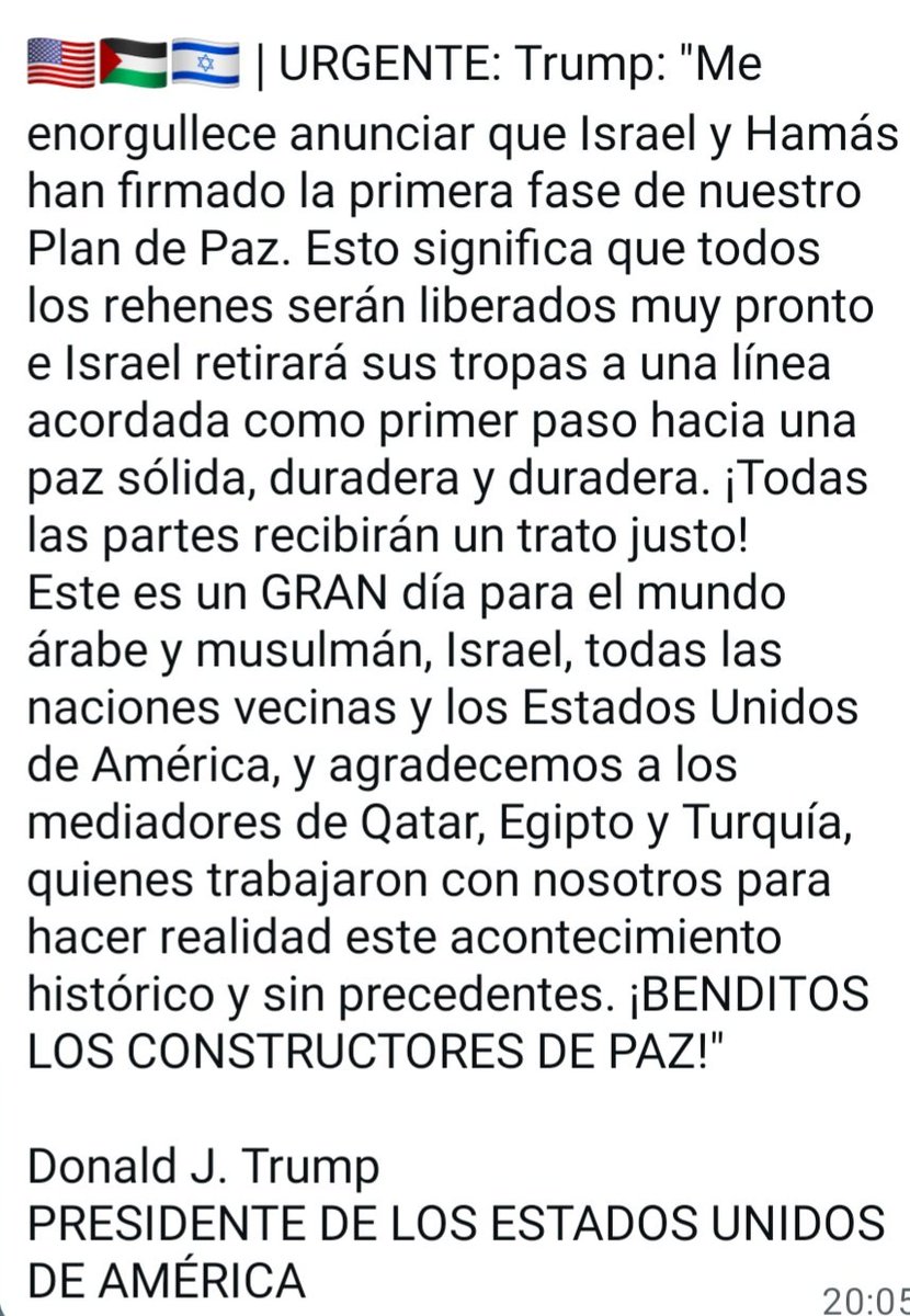 Donald Trump anuncia que se firmó la primera fase de su plan de paz entre Israel y Hamas 👇👇👇