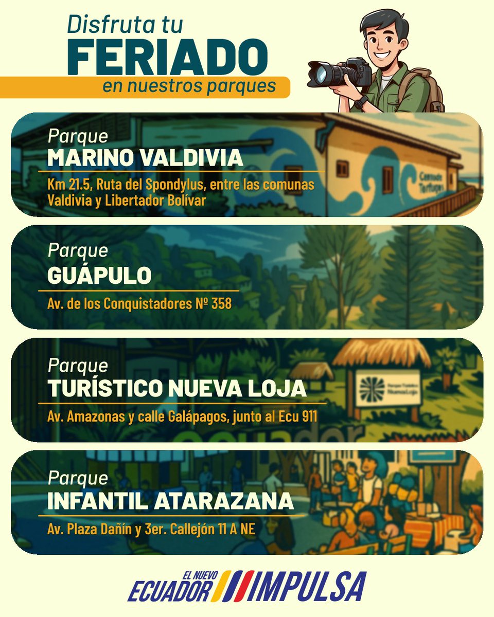 ¿Empieza el feriado y aún no tienes planes? 🤔

Visita los espacios de recreación que administramos para ti. En los 🌳#ParquesInmobiliar disfruta de un tiempo de calidad con tu familia y amigos.

¡Te esperamos! 😊🙌

#Inmobiliar, tus bienes
#ElNuevoEcuador
