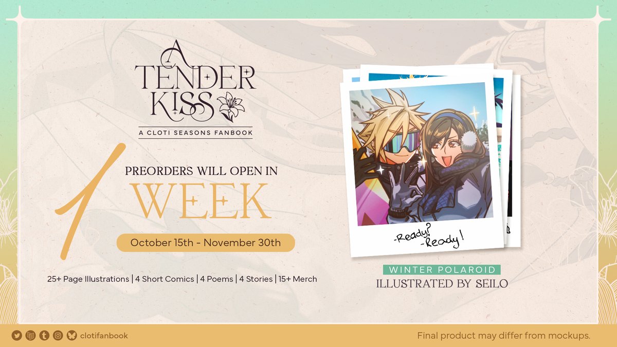 clotifanbook's tweet image. ❄️ 1 WEEK UNTIL PREORDERS ✨
🗓️ Preorders open Oct 15

Brace yourself! Only a week remains before you can grab your very own copy of @seilidare's winter polaroid 😍 Join our sporty couple on their winter adventure when preorders open! 🏂