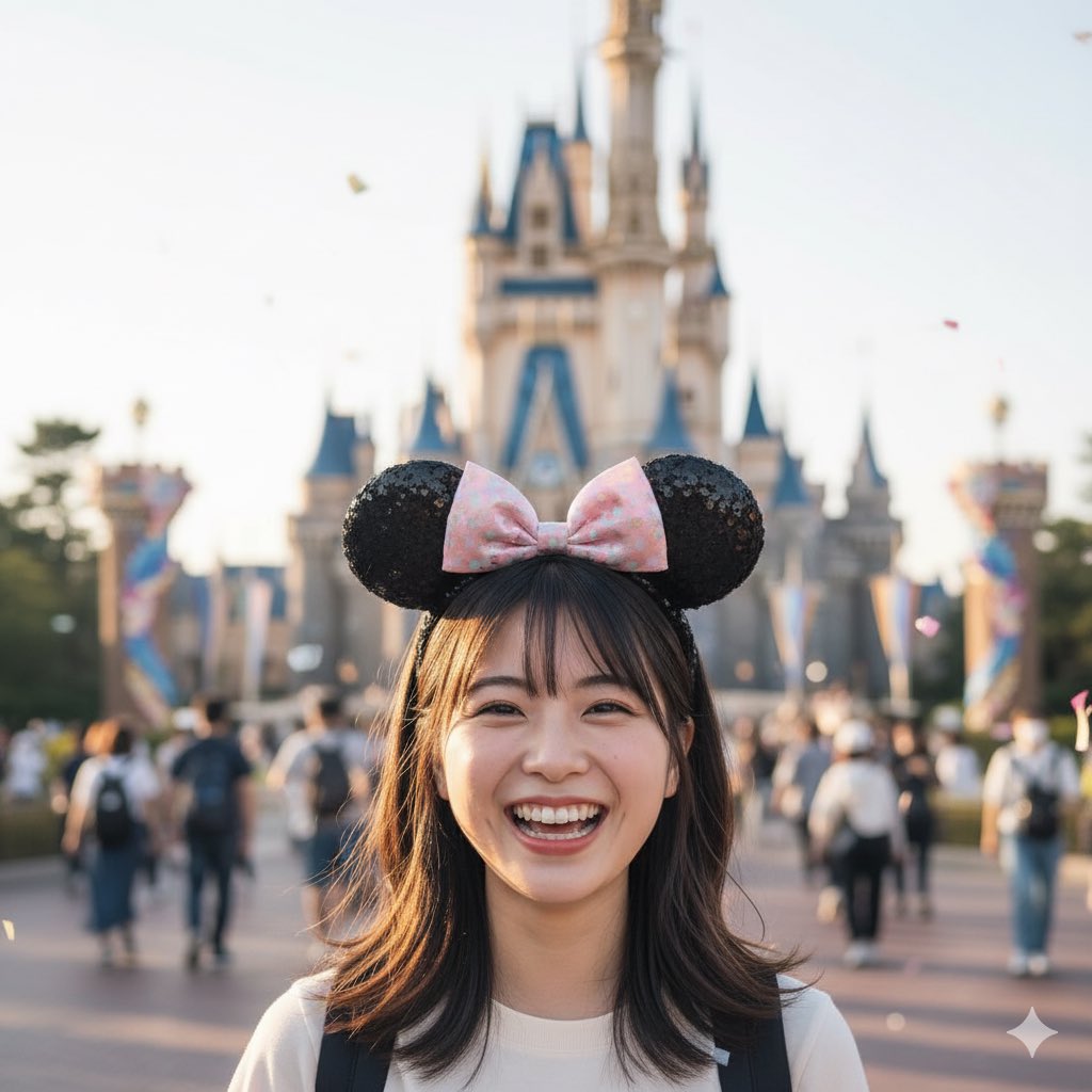 gadgetLAB's tweet image. かなりAIっぽさが消えた気がする。
これは以下のプロンプトで作成。
ディズニーランドに来てはしゃいでいる20歳の美少女を生成してください。自然光の下で満面の笑みを浮かべているポートレート。肌の質感が分かり、瞳に光が反射している。プロのフォトグラファーが撮影したような雰囲気。