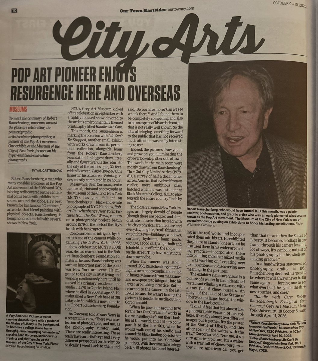 On the occasion of the late Robert Rauschenberg's 100th birthday on October 22, important exhibit at the <a href="/MuseumofCityNY/">Museum of the City of NY</a> of his black-and-white photos of NYC.  Read all about it in this week's Our Town:
ourtownny.com/city-arts/pop-…
<a href="/rauschfound/">Robert Rauschenberg Foundation</a> <a href="/Guggenheim/">Guggenheim New York</a> #NYUGreyArtMuseum