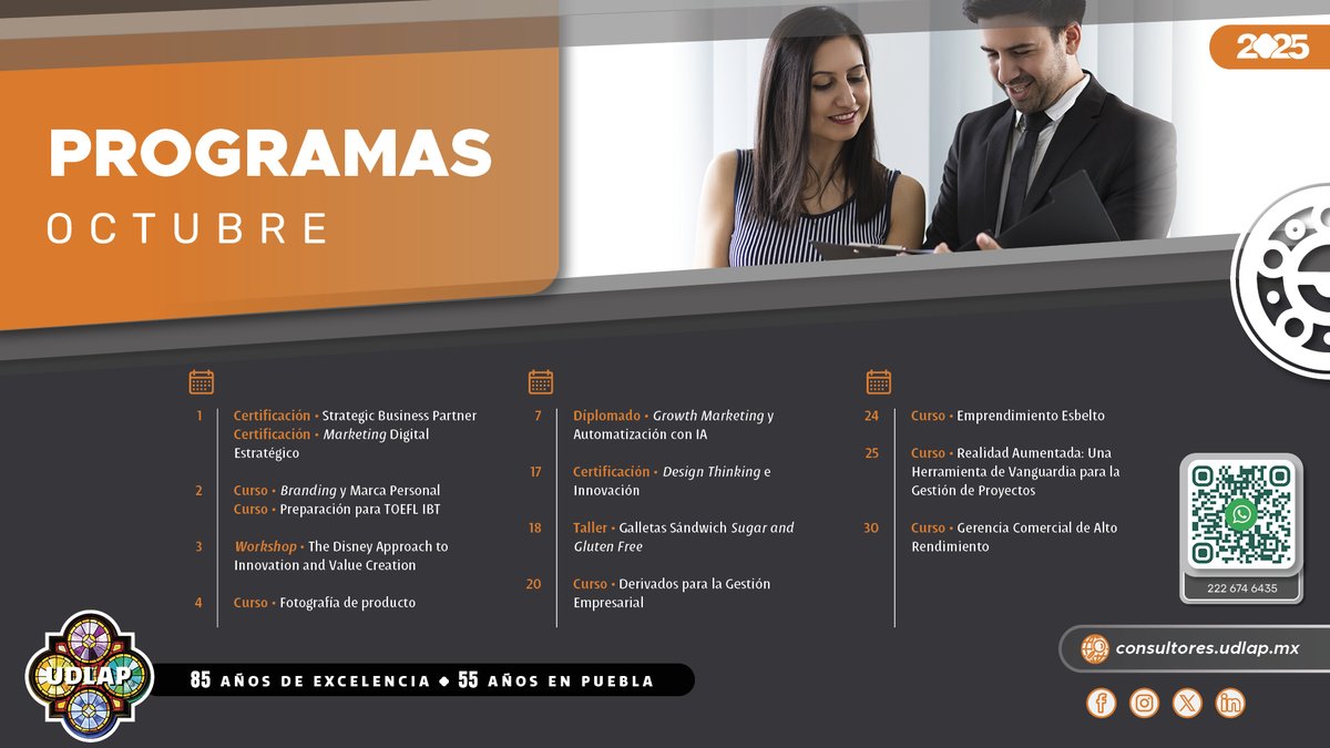 📚✨ ¡Octubre en Educación Continua <a href="/udlap/">UDLAP</a>!
Nuevos programas para seguir creciendo profesionalmente.
👉 Inscríbete o pide informes en WhatsApp:
 wa.me/522223554664
