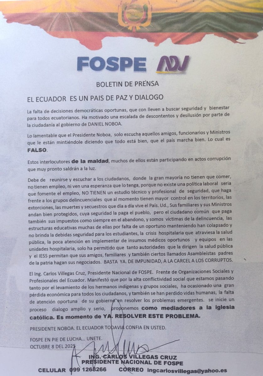 Comunicado del Presidente ing Carlos Villegas Cruz del  Frente de Organizaciones Sociales y Profesionales del Ecuador FOSPE
<a href="/ingcarlosville1/">Ing. Carlos Villegas</a> 
<a href="/DanielNoboaOk/">Daniel Noboa Azin</a> 
<a href="/CynthiaGelliber/">Cynthia Gellibert Mora</a> 
<a href="/EcuavisaInforma/">Ecuavisa Noticias</a> 
<a href="/teleamazonasec/">Teleamazonas</a> 
<a href="/elcomerciocom/">El Comercio</a> 
<a href="/Expresoec/">Diario Expreso</a> 
<a href="/RadioHuancavilk/">Radio Huancavilca 830AM</a>