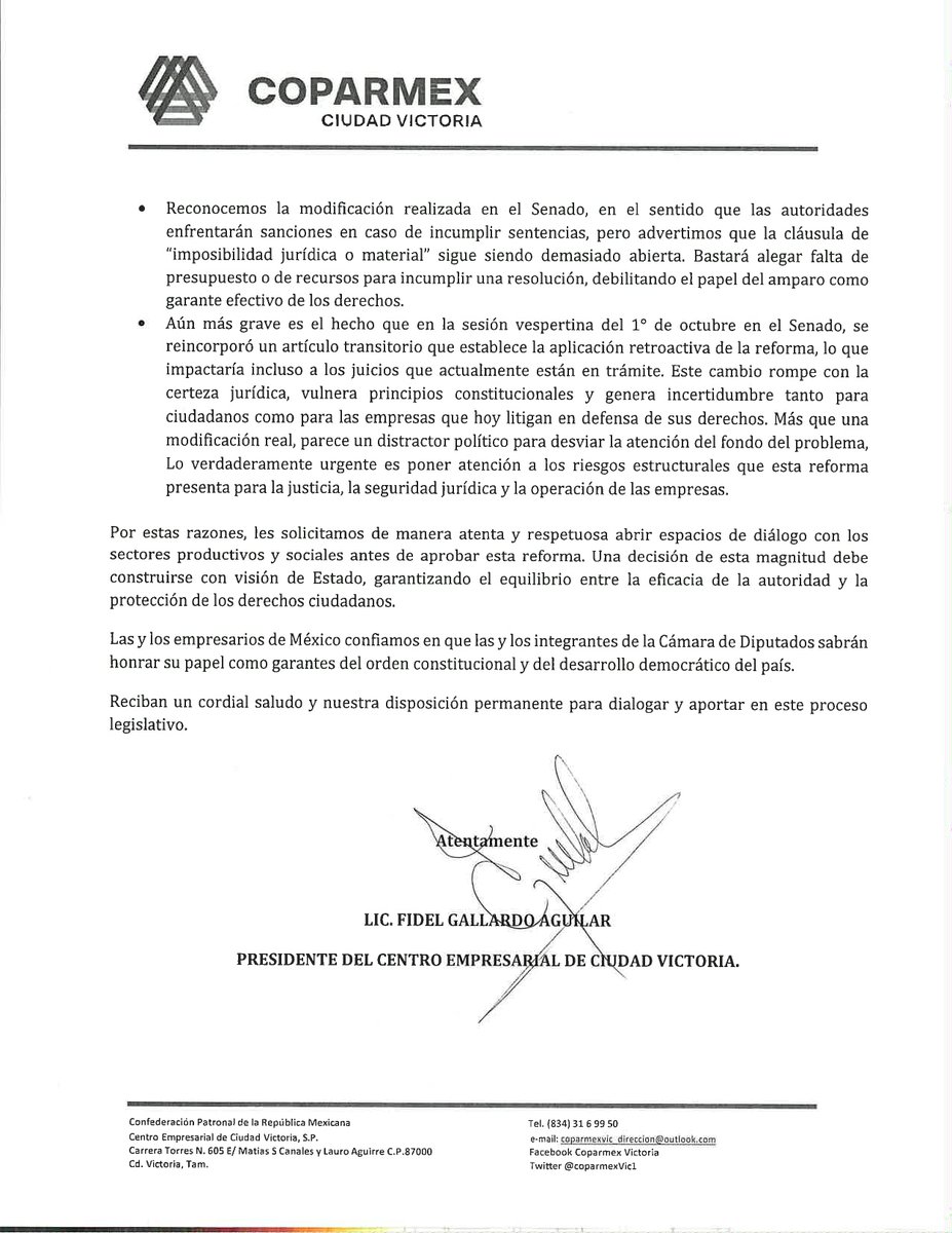 COPARMEXVic1's tweet photo. @claudia_hdzs @blancanarromx @AdrianOsegueraK 
Desde @coparmex les exhortamos a revisar la reforma a la #LeyDeAmparo. No se debe quitar a la ciudadanía un mecanismo de defensa ante actos arbitrarios de las autoridades. https://t.co/DnXplysWHT