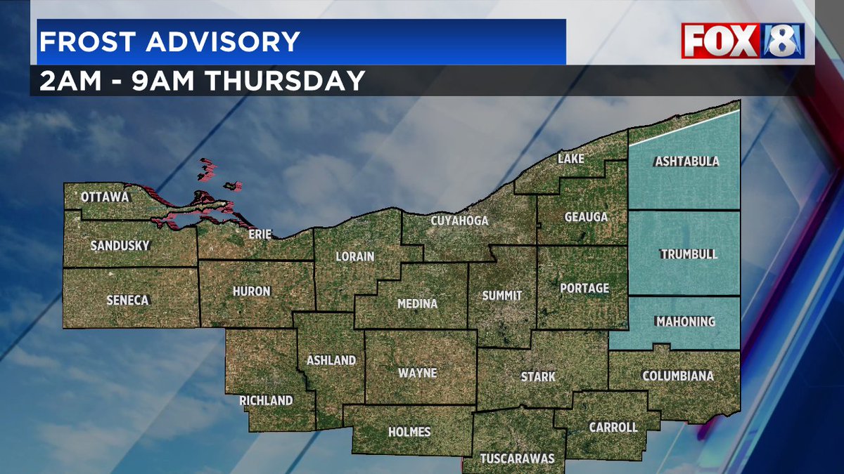 Frost Advisory for a few counties. Better chance to see frost Thursday night into Friday morning with a lot of spots dipping into the 30s. 

<a href="/fox8news/">fox8news</a> #Ohio #Cleveland