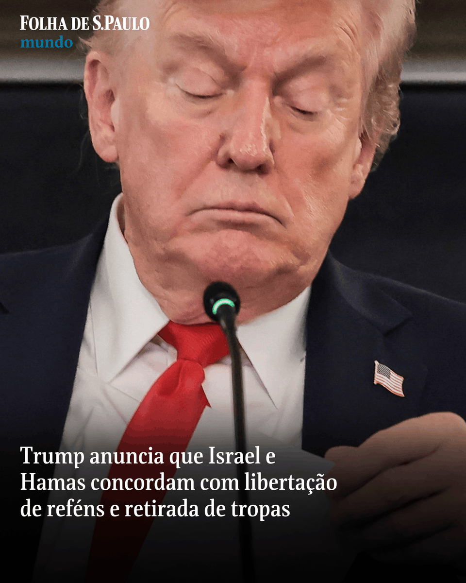 folha's tweet photo. Trump anuncia que Israel e Hamas concordam com libertação de reféns e retirada de tropas

Netanyahu e grupo terrorista confirmam acordo

📲 Leia mais na #Folha: https://t.co/915PU4fK3R

📷 Evelyn Hockstein/Reuters https://t.co/ehtSMVdNBD
