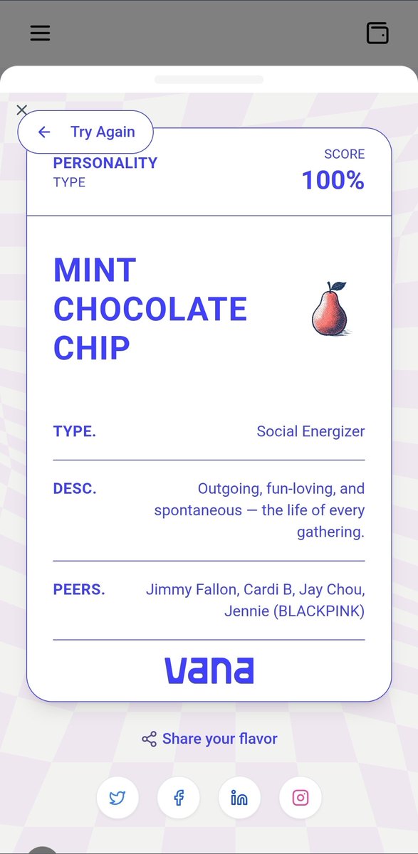 OMG, my <a href="/vana/">vana</a> Spotify flavor is Mint Chocolate Chip  Social Energizer
Outgoing &amp; fun loving, peers: Jimmy Fallon, Cardi B, Jay Chou, Jennie (BLACKPINK) Try yours! 🍫 
#Vana #SpotifyVibes app.vana.com