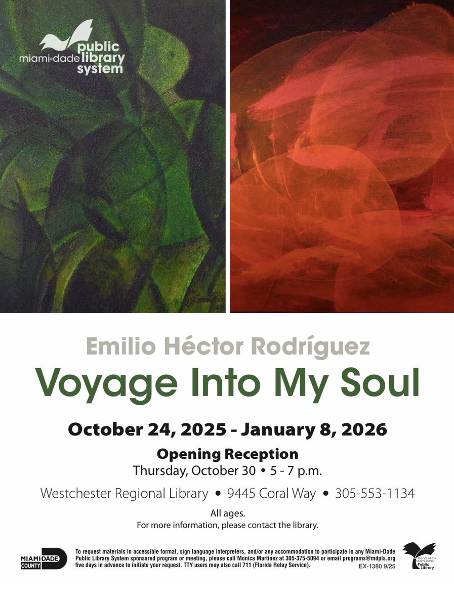 ehr0926art's tweet photo. Save the date
Opening reception 
Thursday October 30
From 5pm to 7pm
Westchester Regional Library 
9445 Coral Way, Miami FL 33165 https://t.co/fVGYyONvfg
