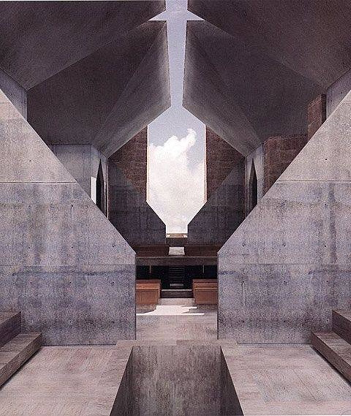 Hoy, casualmente, estaba hablando en clase de ésta obra.  Es una ilustración de la (no construida) propuesta de Louis Kahn para la Sinagoga Hurva.
Me encanta la relación de masa y grieta, de vacío y volumen, como una alusión a la tensión entre interior y exterior.