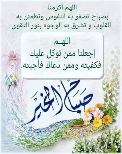 اللهم أكرمنا بصباح تصفو به النفوس وتطمئن به القلوب وتشرق به الوجوه بنور التقوى اللهم إجعلنا ممن توكل عليك فكفيته وممن دعاك فأجبته.
الله يصبحكم على فضله.