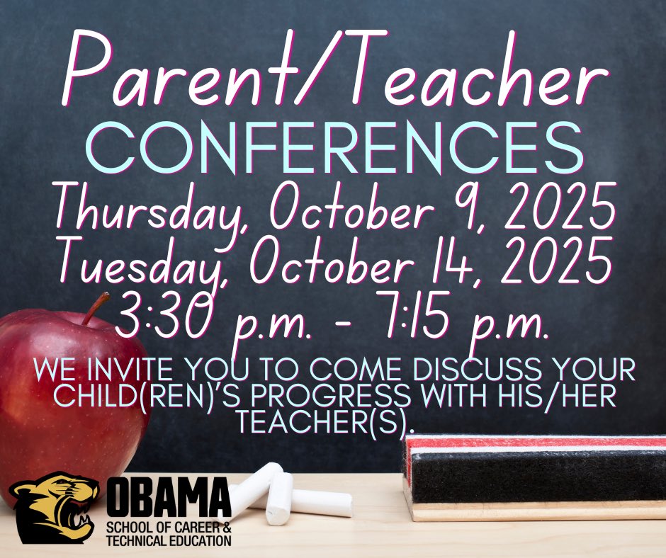 ObamaScte's tweet photo. It is Parent/Teacher Conferences time!  Join us this week on Thursday 10/9 and Tuesday 10/14 3:30-7:15 pm.  We are looking forward to discussing your child(ren)’s academic progress with you. https://t.co/jupvKD53SD