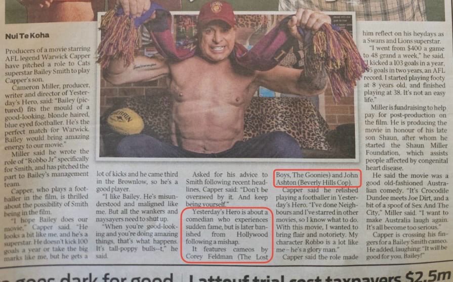 In today’s Herald Sun (Australian newspaper), what’s this all about then, <a href="/Corey_Feldman/">Corey Feldman</a> ?
