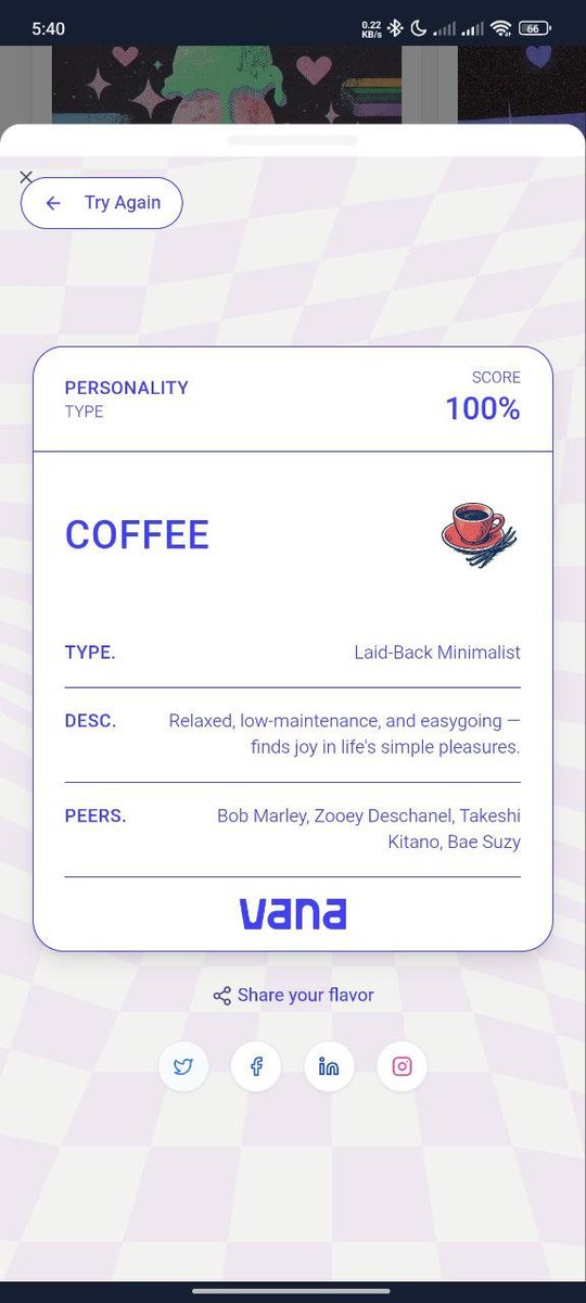If I was an Ice Cream Flavour, I'd be Coffee, Relaxed, low-maintenance, and easygoing — finds joy in life's simple pleasures..
Taste your data: app.vana.com #datarevolution