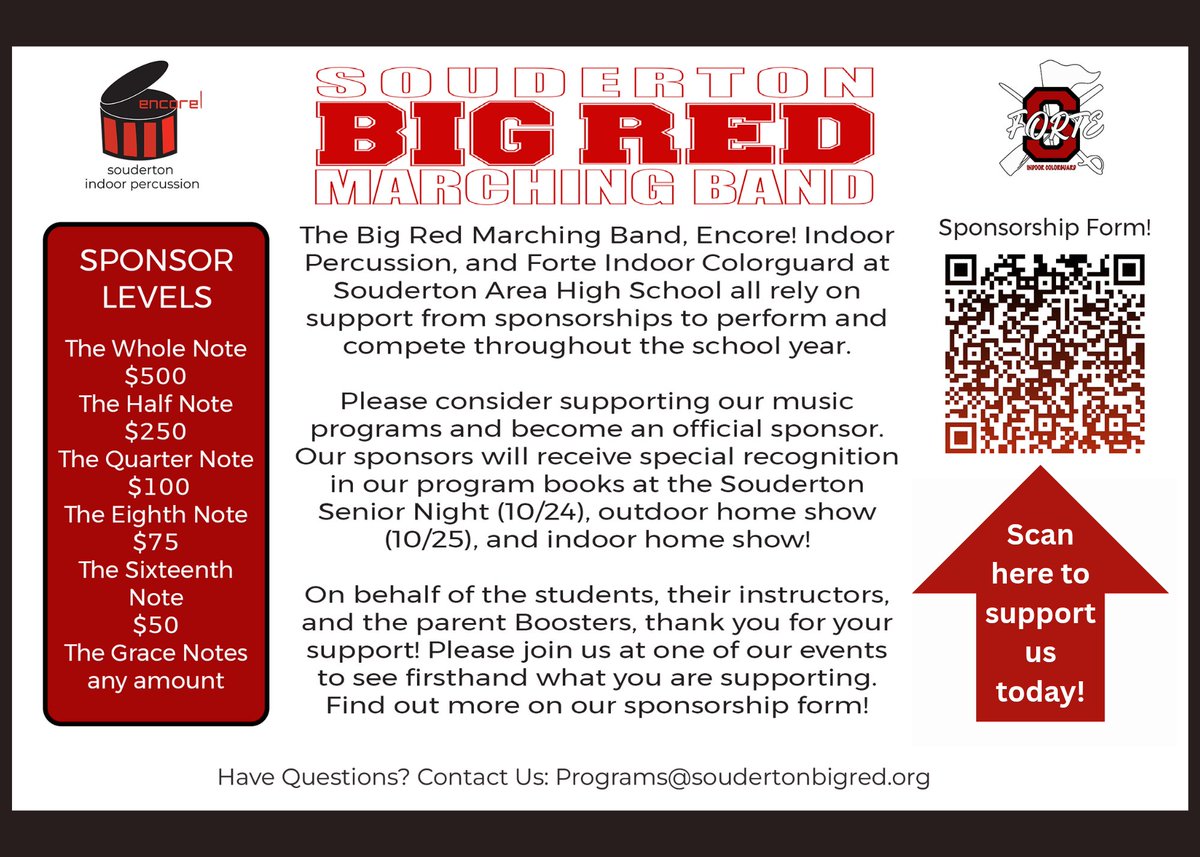 🎵Become a Souderton Big Red Marching Band Sponsor today!🎶Contact us at programs@soudertonbigred.org for more info or click here to become a sponsor today! tinyurl.com/BRMB2025Sponso…
Thank you for your support and Let's Go Big Red! #SoudertonBigRedMarchingBand <a href="/SASD_SAHS/">Souderton Area HS</a>