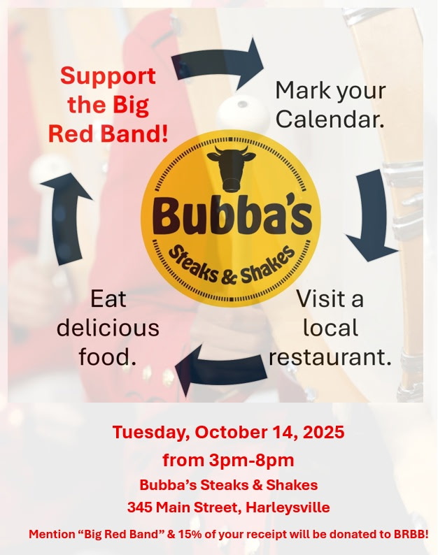 Dine out is this Tuesday October 14! @ Bubba's Steaks &amp; Shakes Harleysville from 3pm - 8pm. The fine folks at Bubba's will donate 15% of your purchase to the SAHS Big Red Marching Band when you show this flyer or mention "Big Red Band". Thank you &amp; Let's Go Big Red! #EatLocal🍔🥤