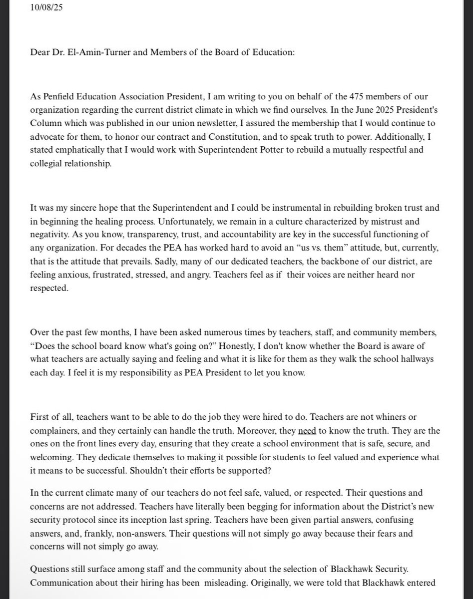 RochesterNY585's tweet image. A letter from the Penfield Education Association to the Penfield School Board.