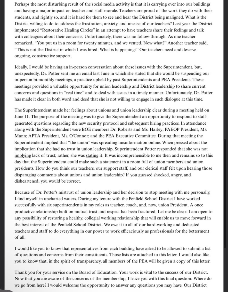 RochesterNY585's tweet image. A letter from the Penfield Education Association to the Penfield School Board.