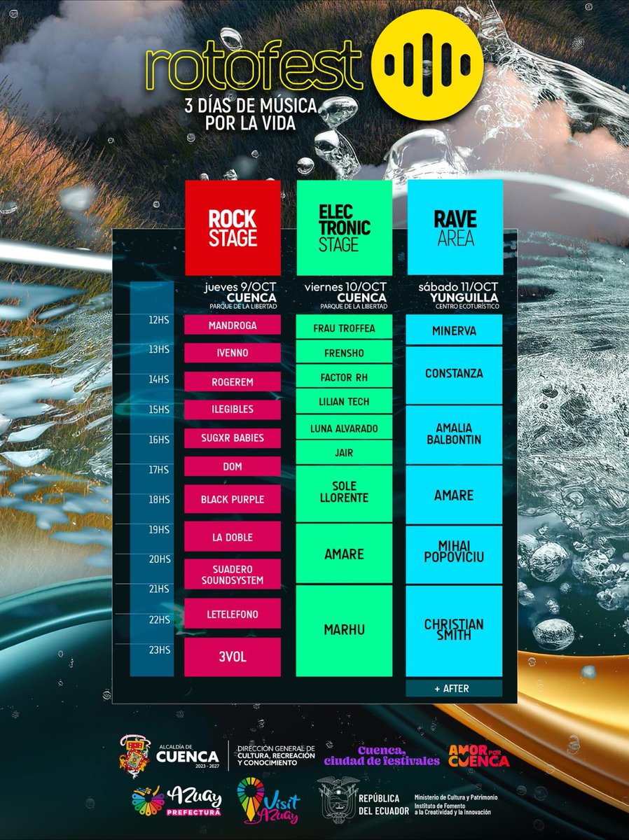 Te dejamos el line up de artistas del #Rotofest. 🎛️🎧🔥

 👉 9 y 10 de octubre en Cuenca - Parque La Libertad
👉 11 de octubre en Yunguilla - Complejo Ecoturístico, Km 50 
🎟️ Entrada libre
⏰️12h00 a 00h00

#AzuayMeEncanta
#JotaLloretPrefecto
#AzuayEsElDestino
#VisitAzuay