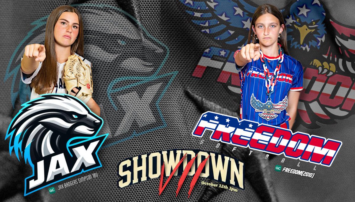 SHOWDOWN(VII) this Sunday 3pm as Jax Badgers(Simpson)18u take on Freedom(2010). Watch the game live on GameChanger. And follow all the girls working hard to play at the collegiate level.  #showdown7 #faithoverfear #badgernation #freedom #softball @jax_badgers @freedomsbfl