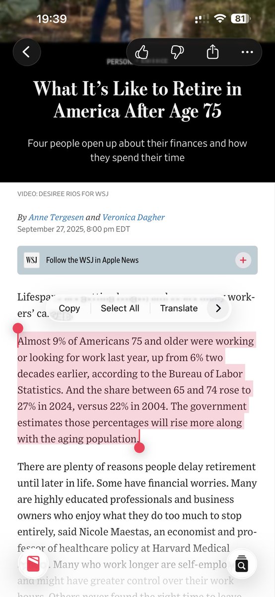 geekplux's tweet image. 9% 的超过 75 岁的美国人还在找工作……美国应该没有什么官方退休年龄，只有到了一定年龄可以领取退休金。
看完觉得老龄化势不可挡，还是得早点规划退休生活……但转念一想如果能活到 150 岁，那 75 岁才走了一半 🤣。