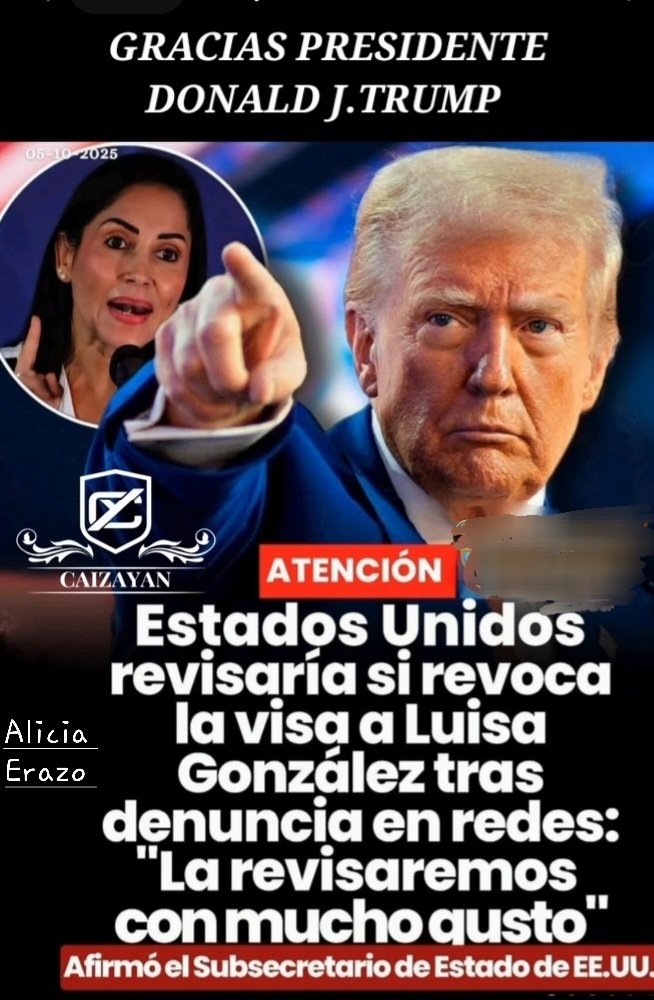 Thank you, President Donald J. Trump, for granting our request to revoke Luisa González's visa.
Gracias Presidente <a href="/realDonaldTrump/">Donald J. Trump</a> <a href="/POTUS/">President Donald J. Trump</a> <a href="/SecRubio/">Secretary Marco Rubio</a> por acoger nuestro pedido para revocar la Visa de <a href="/LuisaGonzalezEc/">Luisa González</a>.
Alicia Erazo