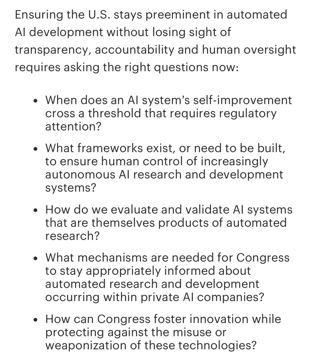 daniel_271828's tweet image. These are exactly the right sorts of questions to be asking about automated AI R&amp;amp;D. Props to @RepNateMoran for improving the conversation within Congress!