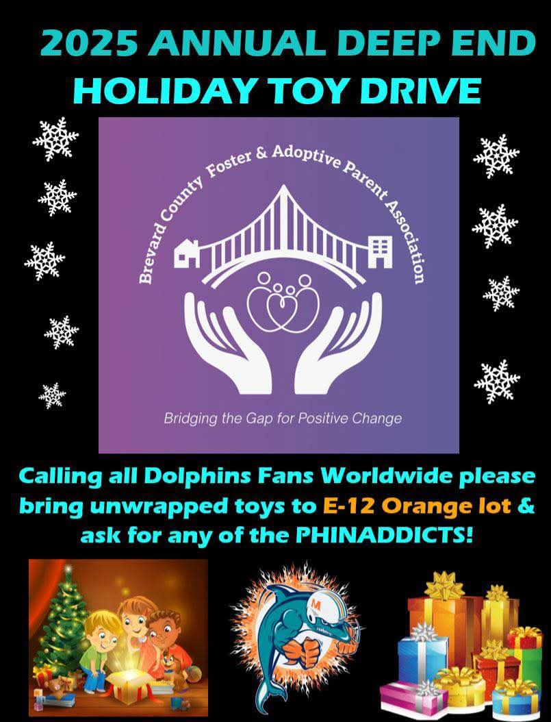 Our annual Toy Drive starts this next home game. Please bring a new, unwrapped toy to benefit Brevard County FAPA! Look for me or any of our Phinnatics in East 12 Orange lot row 209.