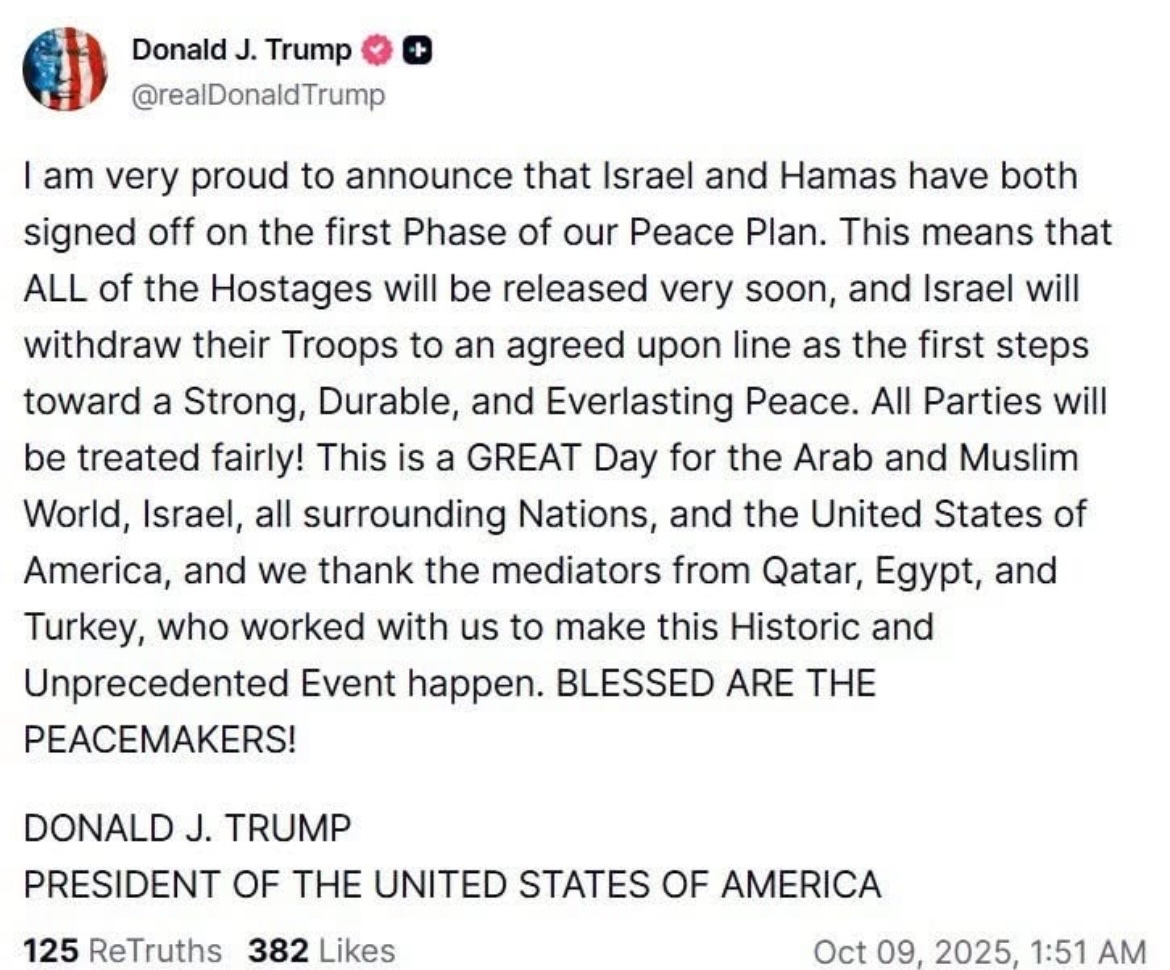 WHY is this dated 10/9/25 1:51 am, when he is clearly at the White House?? Who’s running this account from another country @Potus.