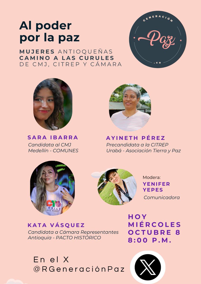 🙋🏻‍♀️En unos minutos conversaremos con tres mujeres lideresas que han trabajado por las comunidades y la construcción de paz en Antioquia.
Mujeres que inician una transformación de sus liderazgos sociales, comunicativos y campesinos hacia el ejercicio de la participación política.✊🏼