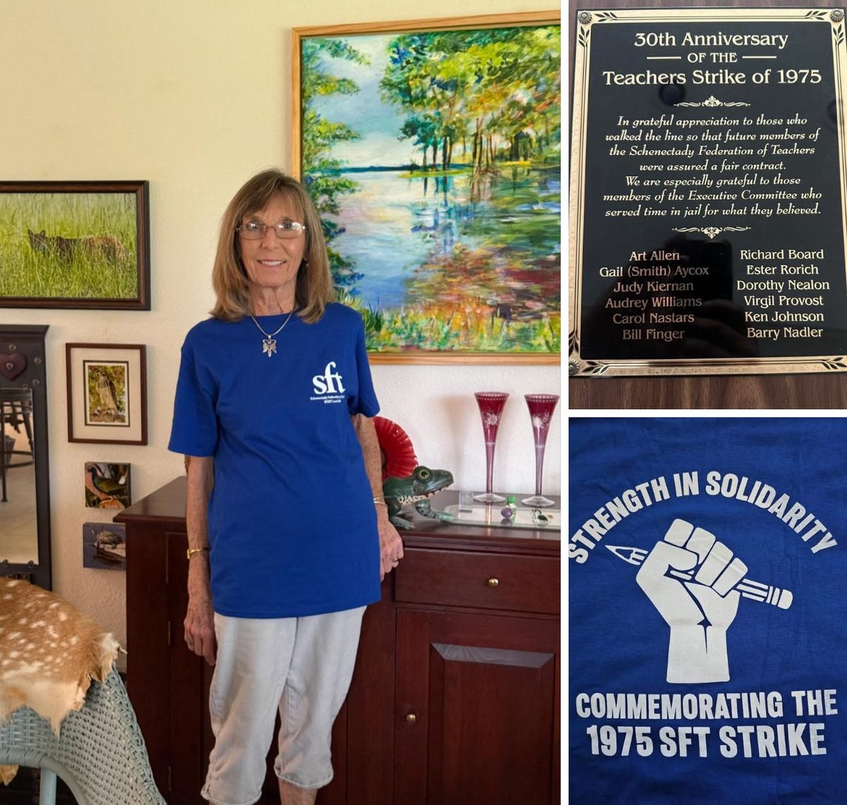 Carol Nastars, the last surviving SFT Leader to go to jail for the 1975 strike, shared this picture of herself in her new SFT Shirt!
Carol the SFT, <a href="/nysut/">NYSUT</a> and <a href="/NYSAFLCIO/">NYS AFL-CIO // #UnionStrong</a> all owe you and the other 11 whose names appear on this plaque in our office a debt of gratitude!!