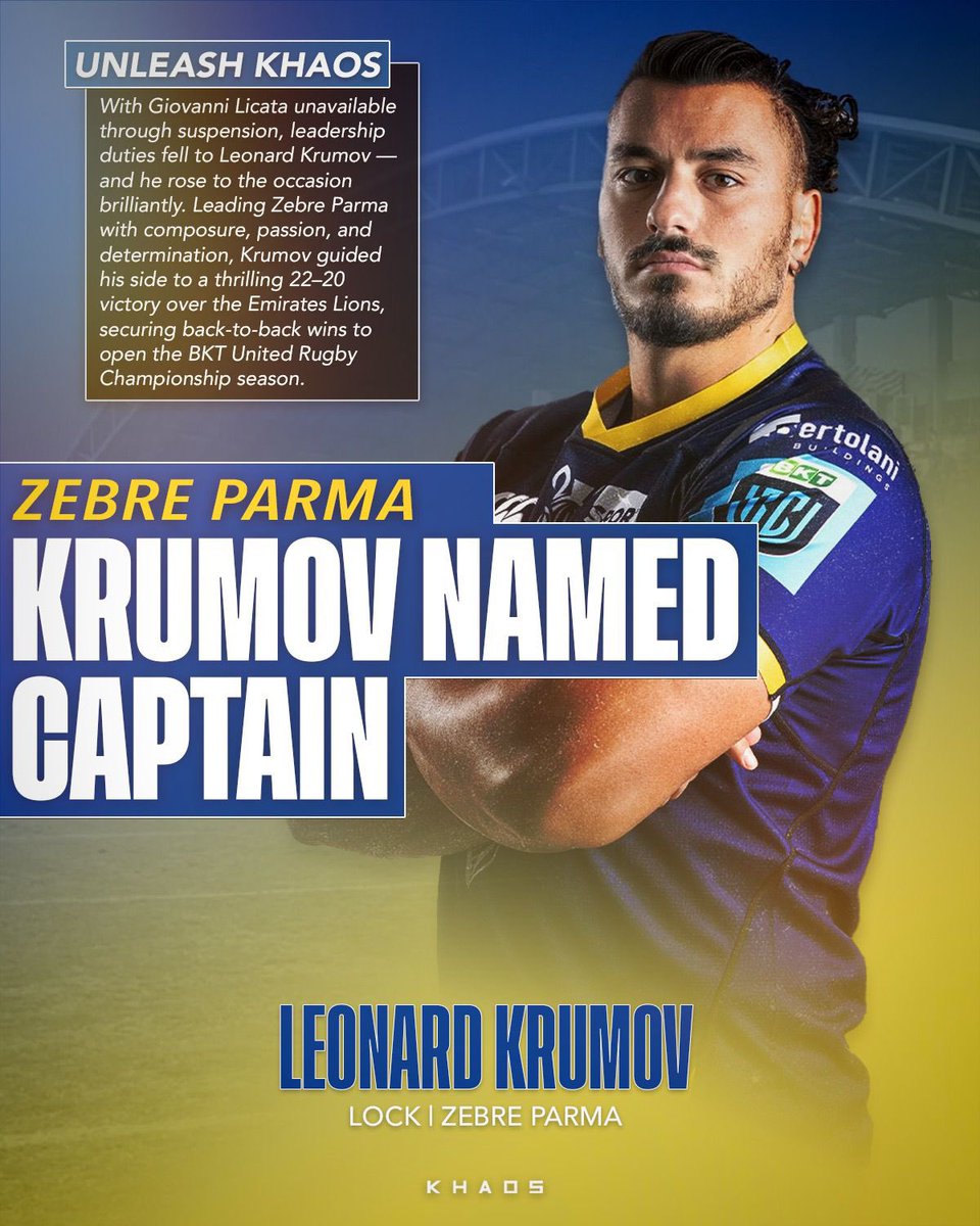 KHAOS_Sport's tweet photo. Leonardo Krumov leads from the front🎙️

Zebre make it two wins from two to start the @URCOfficial season in style.

Stepping in as captain for the suspended club skipper, the towering lock has risen to the challenge — leading with power, purpose, and passion. 

 #UnleashKHAOS https://t.co/RWGF2uWQAv
