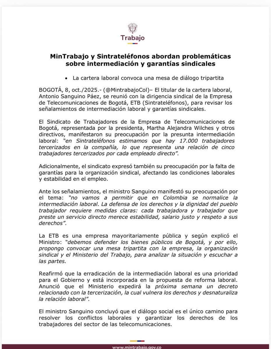 📌 El ministro del Trabajo, <a href="/AntonioSanguino/">Antonio Sanguino</a>, se reunió con la dirigencia sindical de Sintrateléfonos para abordar las problemáticas de intermediación laboral y garantías sindicales en la ETB.