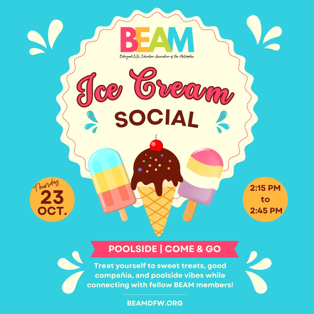 🍦 You’re Invited! 🍦

BEAM is hosting a Poolside Ice Cream Social at the 2025 TABE Conference! 🎉

📅 Thursday, October 23, 2025
🕑 2:15 – 2:45 PM
📍 TABE Conference | Poolside | Come &amp; Go

Catch up and celebrate comunidad together. 🙌

#WeAreBEAM #TABE