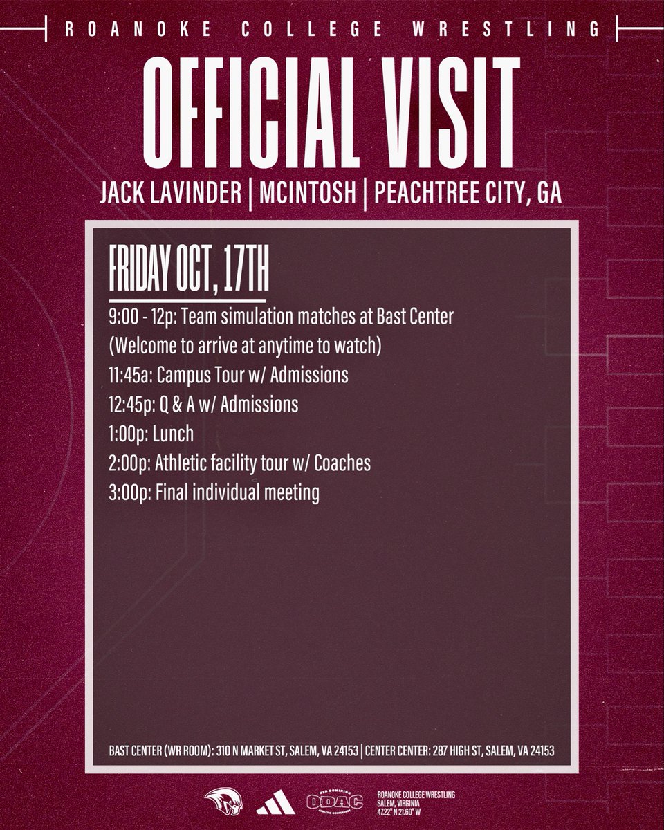 Blessed for the opportunity to take an official visit for wrestling to Roanoke College on October 17! Thank you to Coaches <a href="/YetzNokeWr/">Nathan Yetzer</a> and <a href="/Blake_NokeWr/">Blake Rosenbaum</a> - Go Maroons!