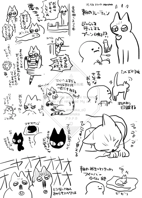 ねこのらくがき+朝のフィーバータイムねこ、他の猫にパンチくらわした後のねこ、パンチくらわした子以外集まってたねこだんごです 