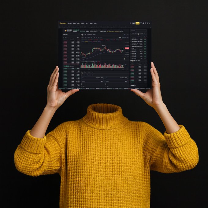 Hands of a person wearing a yellow turtleneck sweater hold up a large rectangular screen displaying the Binance cryptocurrency exchange interface. The screen shows multiple panels with candlestick charts of trading pairs like BTCUSDT and ETHUSDT green and red price lines volume bars and order book data on a dark theme background. The overall setting is against a plain black backdrop with no other visible elements.