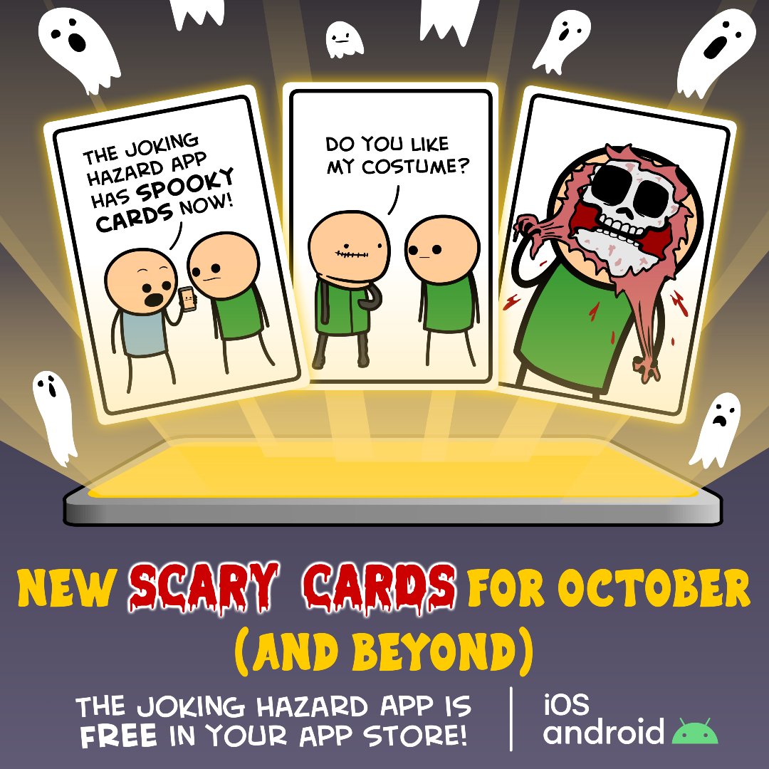Explosm's tweet image. AAAA!! Scary cards, now available in the FREE Joking Hazard Mobile Game. Start playing today, and make weird ass comics with your friends. Search “Joking Hazard” in the app store!